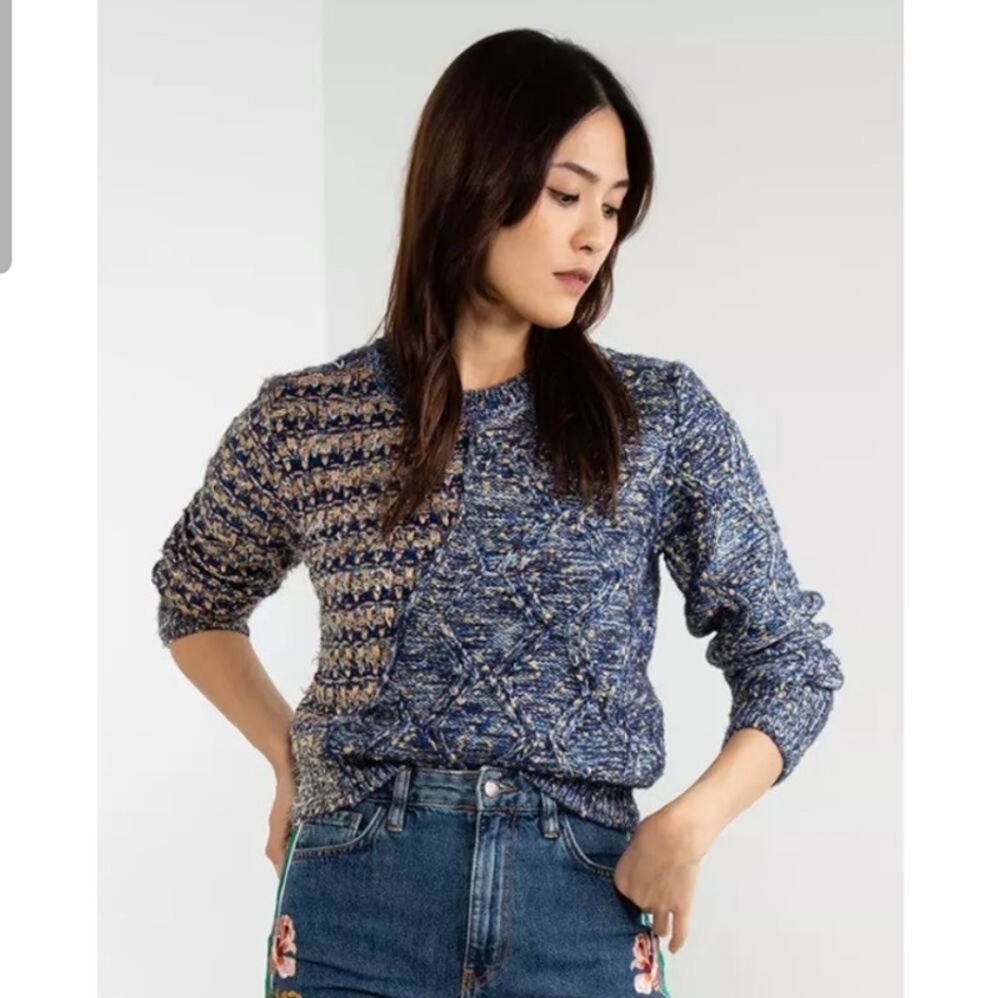 Desigual Hybrid Sweater Two Tone Crew Neck Chunky Neck Pullover Blue And Gold